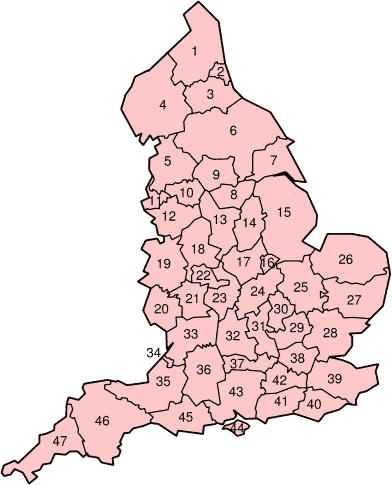 Mapa representativo de los condados ceremoniales de Inglaterra