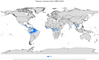 Localización geográfica mundial del clima tropical monzónico