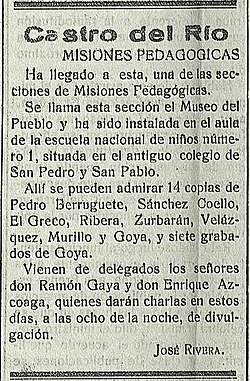 Cartel anunciador de la llegada de las Misiones Pedagógicas a Castro del Río