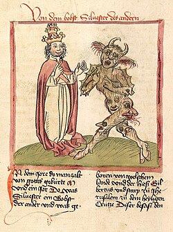 Ilustración histórica de Silvestre II y el diablo