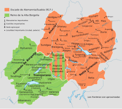 Mapa que muestra el Ducado de Suabia y el Reino de Alta Borgoña
