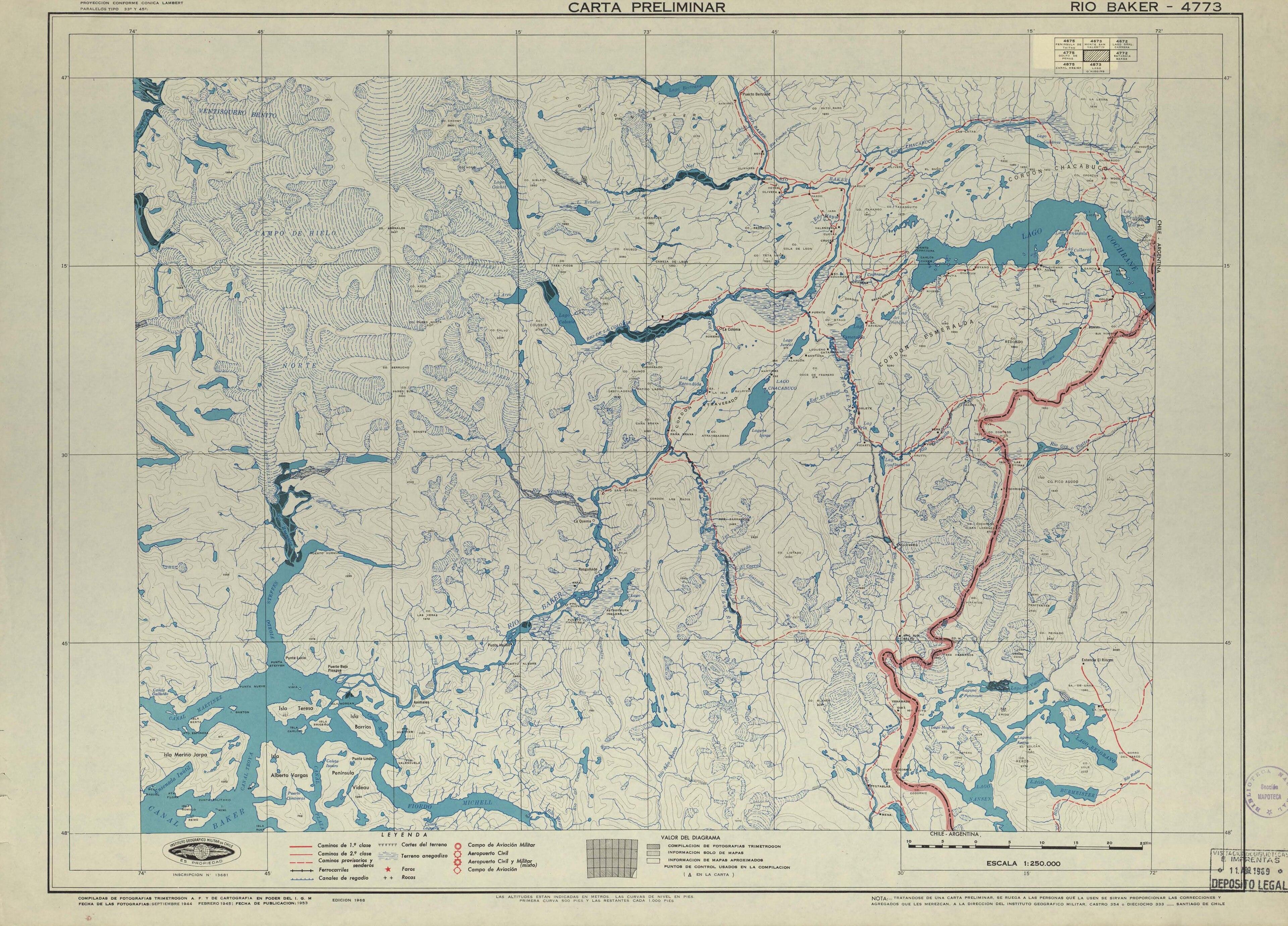 Mapa histórico del Instituto Geográfico Militar de Chile publicado en 1953