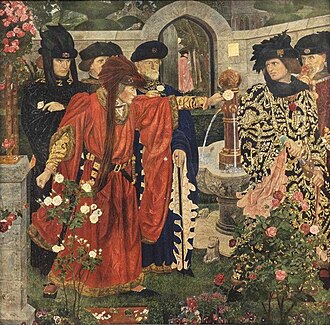 Ilustración histórica de personas arrancando rosas rojas y blancas