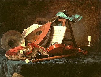 Atributos a la Música, pintura de Anne Vallayer-Coster que muestra instrumentos franceses del Barroco.