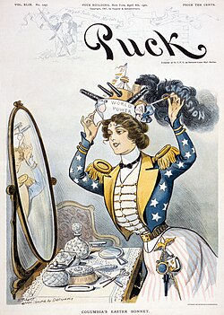 Columbia vistiendo un sombrero de barco de guerra en una portada histórica.