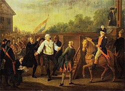Pintura de Charles Benazech que muestra a Luis XVI y el abad Edgeworth de Firmont junto a la guillotina.