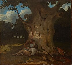 Pintura de un gran roble representando el paisaje europeo