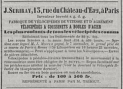 Anuncio publicitario de los velocípedos de Jules-Pierre Suriray en la revista Le Vélocipède Illustré.
