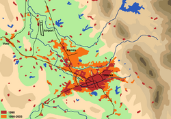 Gráfico de la expansión territorial de Tirana entre 1990 y 2005