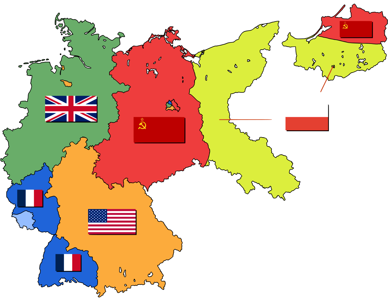 Mapa de las fronteras y territorios de la ocupación aliada en Alemania entre 1945 y 1949