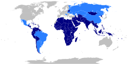 Mapa del Movimiento de Países No Alineados con países miembros y observadores