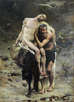 Representación de la parábola del buen samaritano donde un individuo ayuda a un desahuciado.