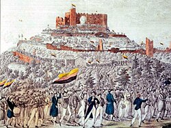 Litografía contemporánea de manifestantes con banderas tricolores