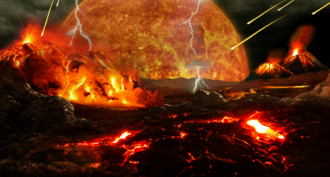 Recreación artística de la superficie terrestre incandescente durante el Hádico.