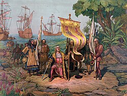 Ilustración de Colón tomando posesión de Guanahani