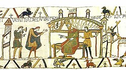 Escena del Tapiz de Bayeux mostrando la entrevista entre Haroldo y Eduardo