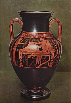 Ánfora bilingüe de figuras rojas obra del Pintor de Andócides.