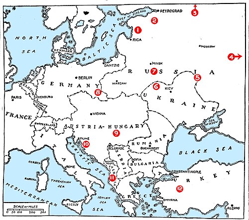 Mapa de conflictos armados en Europa central y oriental en 1919