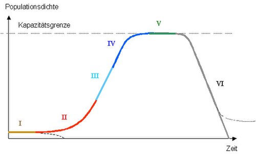 Esquema de las seis fases del desarrollo de una población modelo