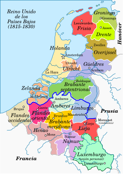 Mapa del Reino Unido de los Países Bajos entre 1815 y 1830