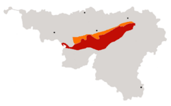 Mapa de Condroz (en rojo) y las Ardenas condrusinas (en naranja) en Región Valona