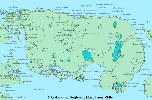 Nombres geográficos y ubicación de glaciares en la isla Navarino.