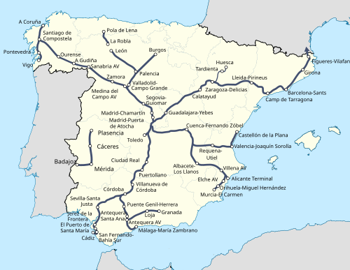 Mapa de las líneas de alta velocidad en servicio en mayo de 2024