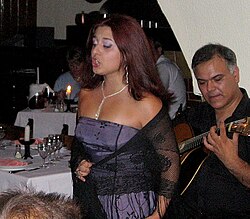 Cantante interpretando un fado portugués tradicional en un entorno íntimo.