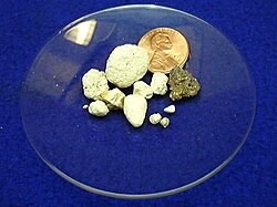 Rocas de fosfato junto a una moneda