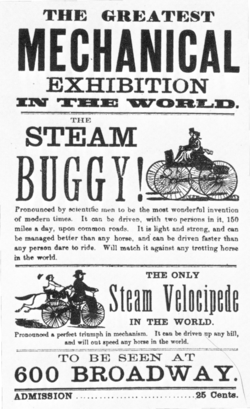 Octavilla histórica anunciando una demostración del velocípedo de vapor de Roper