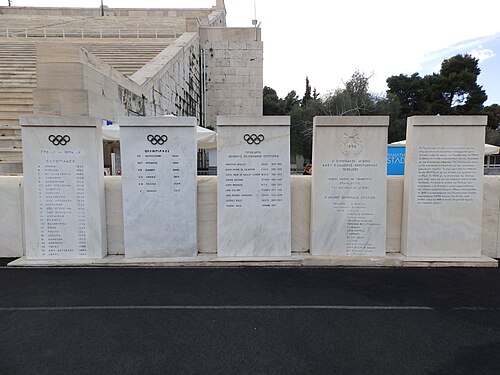 Monolitos en el ingreso al Estadio Panathenaic de Atenas con mención a José Benjamín Zubiaur.
