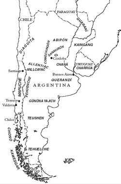 Distribución aproximada de lenguas en el extremo meridional de Sudamérica en tiempos de la conquista española.