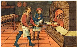 Miniatura medieval de un panadero y su aprendiz