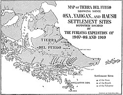 Mapa de Tierra del Fuego que muestra asentamientos de onas, yámanas y haush a inicios del siglo XX
