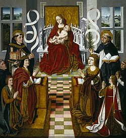 La Virgen de los Reyes Católicos con monarcas y autoridades eclesiásticas.