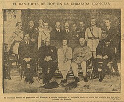 Banquete oficial en la embajada francesa en Madrid en 1926 con la presencia de Primo de Rivera y Pétain.