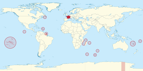 Mapa general de los territorios de ultramar franceses repartidos por el mundo