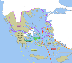 Mapa de isoglosas de los dialectos griegos tradicionales