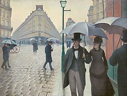 Pintura que representa la Plaza de Europa bajo la lluvia.