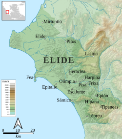 Mapa de la antigua región de Élide con la ubicación de la ciudad