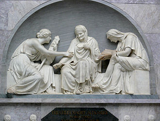 Relieve de mármol clásico que muestra a figuras femeninas asociadas a las deidades del destino.
