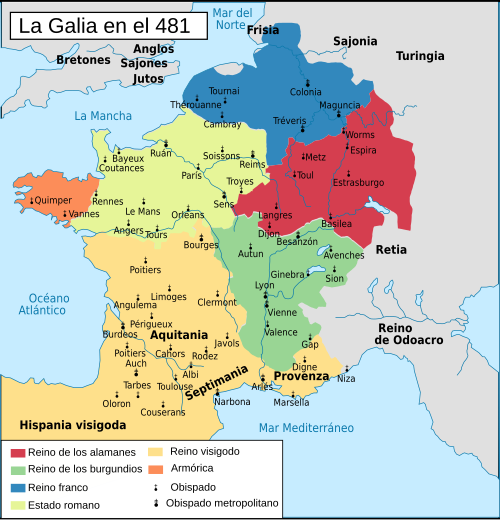 Mapa territorial de la Galia mostrando al Reino de Soissons rodeado por reinos germánicos