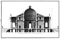 Sección arquitectónica de la Villa Capra diseñada por Andrea Palladio e ilustrada en I Quattro Libri dell'Architettura de 1570.