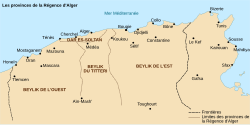 Mapa de los beylicatos de Argel y el territorio controlado directamente por el Dey