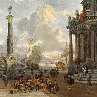 Escena del puerto meridional con comerciantes, pintura de Abraham Storck.
