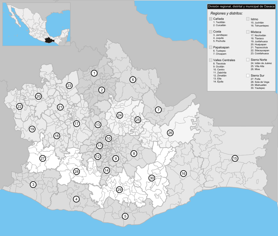 Mapa de división regional, distrital y municipal de Oaxaca