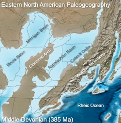 Reconstrucción paleogeográfica de la Cuenca de los Apalaches durante el Devónico Medio