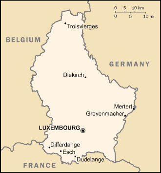 Mapa de localización de Luxemburgo en Europa occidental