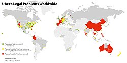 Mapa mundial ilustrativo de los problemas legales y disputas regulatorias de Uber