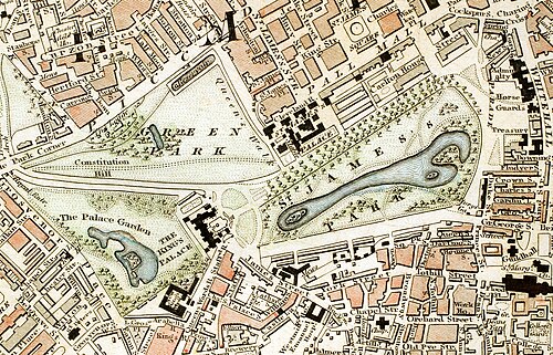 Representación artística de Green Park y St. James's Park alrededor de 1833.